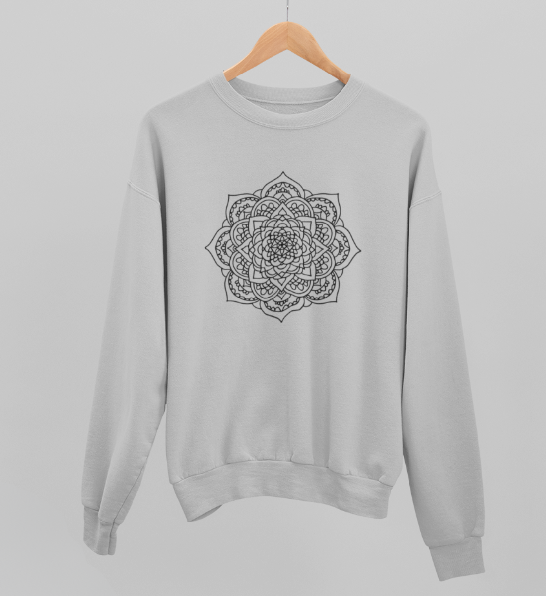 mandala l yoga pullover hellgrau l pullover aus bio-baumwolle l schöne yoga kleidung l nachhaltig und fair l yoga mode online shoppen